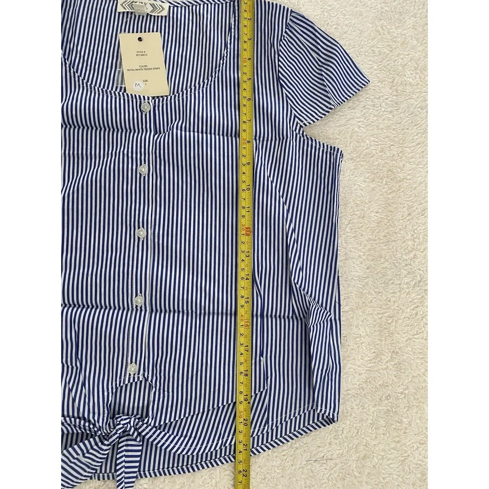 New Pink Rose Women's L Blue Striped Cotton Short Sleeve Blouse with Bow‎ Tie